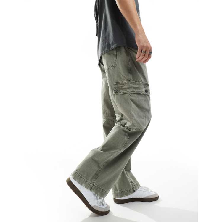 Bershka baggy cargo pants in washed olive | ASOS