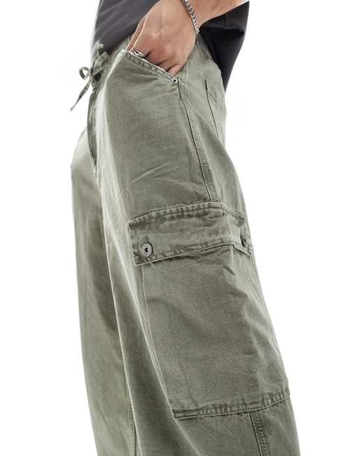 Bershka baggy cargo pants in washed olive | ASOS