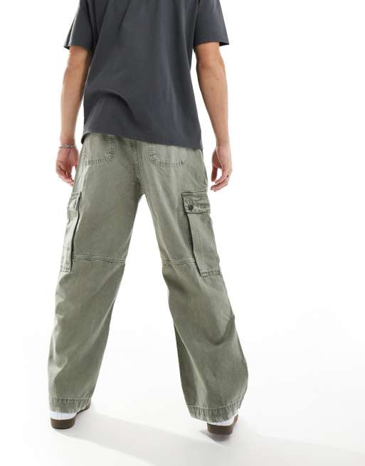 Bershka baggy cargo pants in washed olive | ASOS