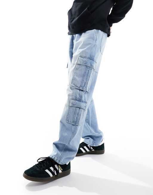 Bershka baggy cargos in dark washed blue