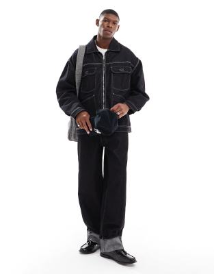 Bershka Bershka baggy carpenter co-ord jean with fold over hem in black