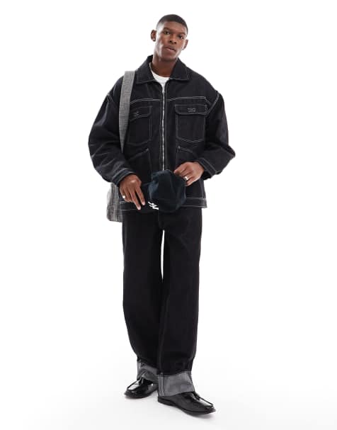 Bershka baggy carpenter co-ord jean with fold over hem in black - view 1