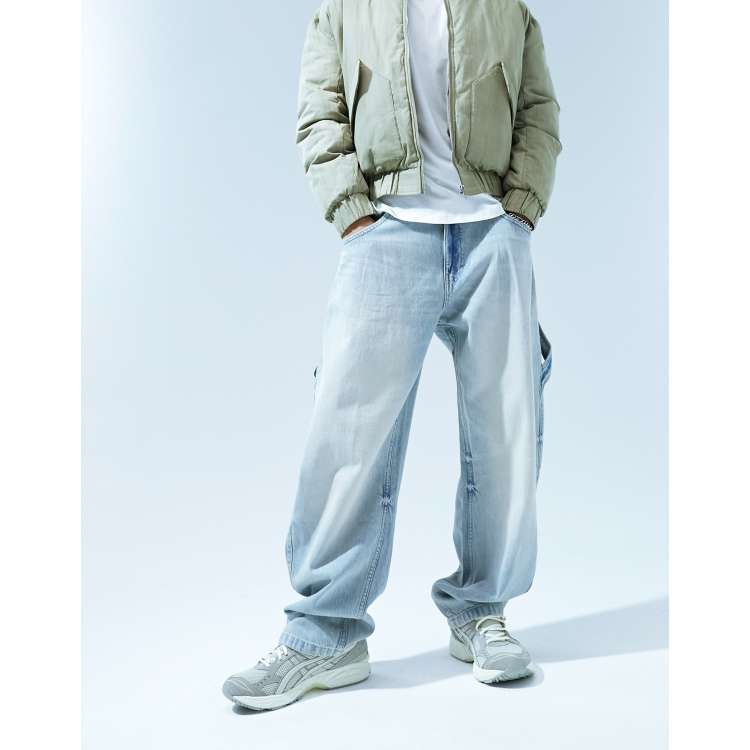 【BAON】Kuhaka carpender washed light blue wide denim pants Bershka baggy carpenter jeans in washed blue | ASOS