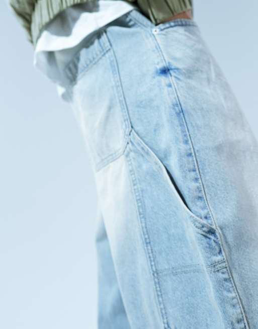 【BAON】Kuhaka carpender washed light blue wide denim pants Bershka adjustable waist carpenter jeans in light wash blue