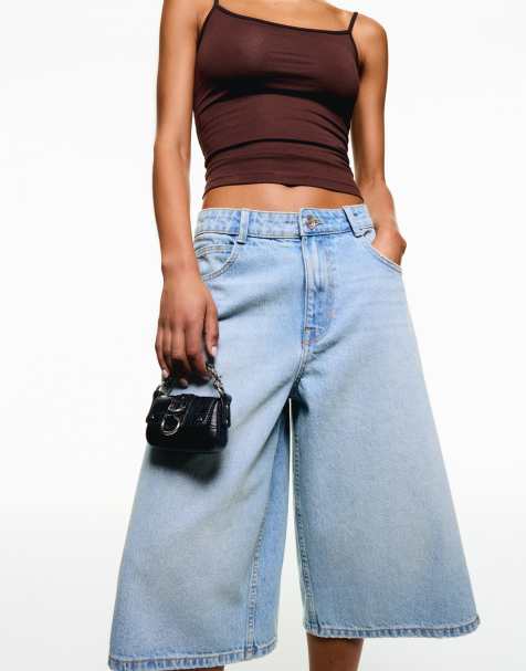 Bershka baggy denim bermuda jorts in mid blue - view 1