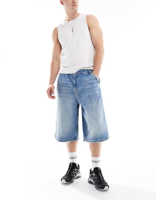 Bershka baggy denim casted jorts in blue