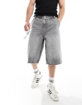 Bershka baggy denim short in washed gray