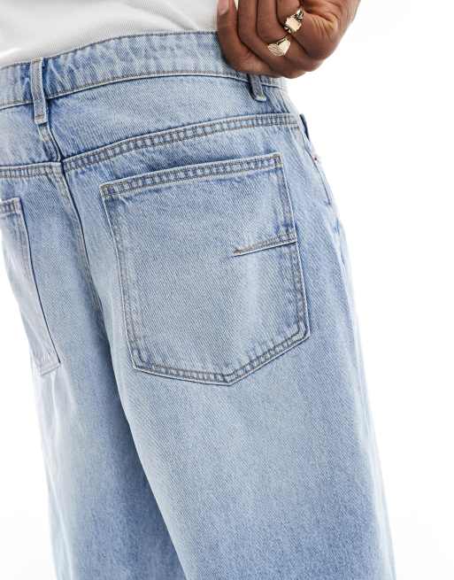 Bershka baggy denim shorts in mid blue