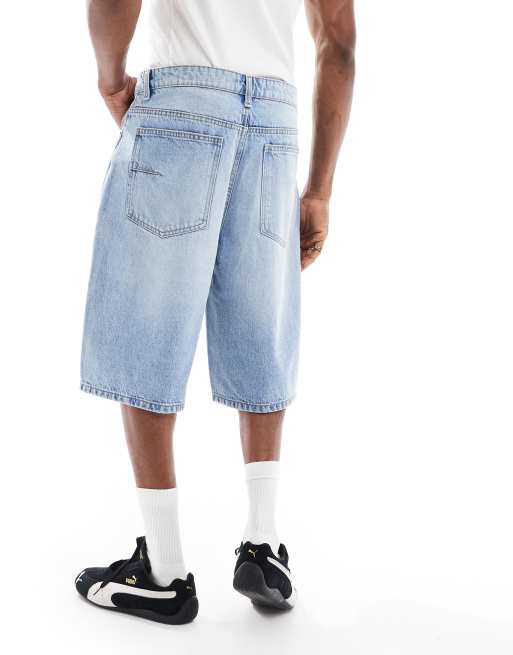Bershka baggy denim shorts in mid blue