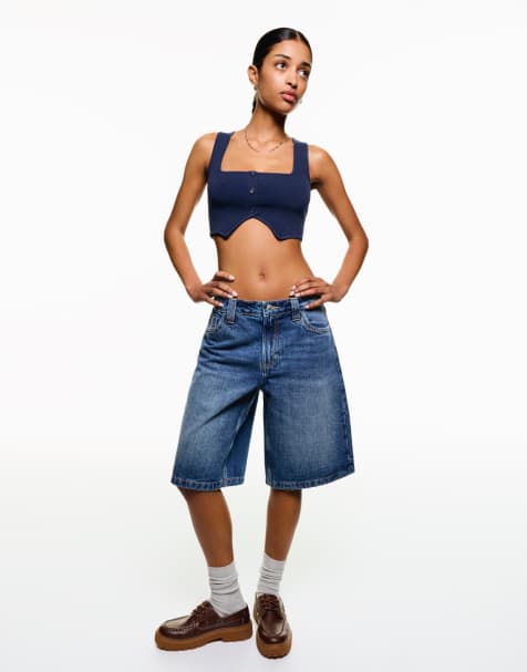 Bershka baggy denim shorts in denim blue - view 1