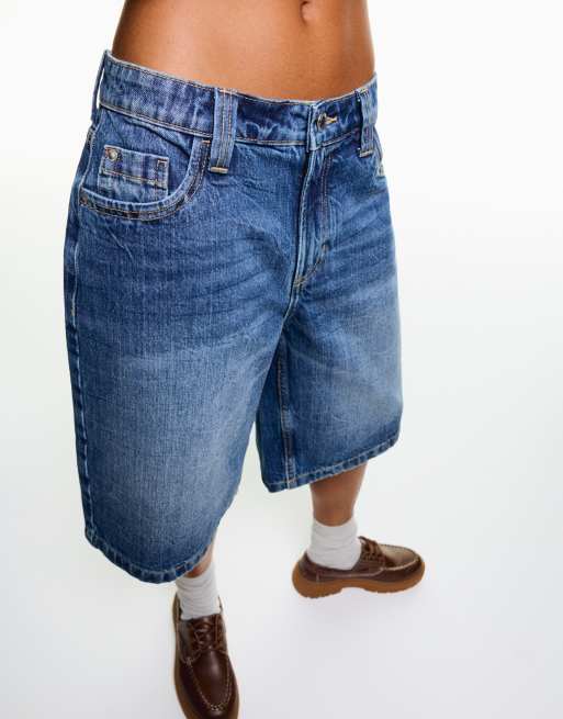 Bershka baggy denim shorts in denim blue | ASOS