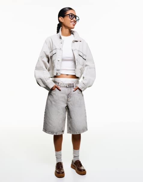 Bershka baggy denim shorts in light grey