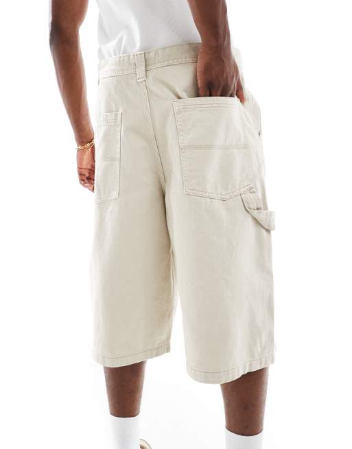 Bershka baggy denim worker short in ecru, 4 of 5