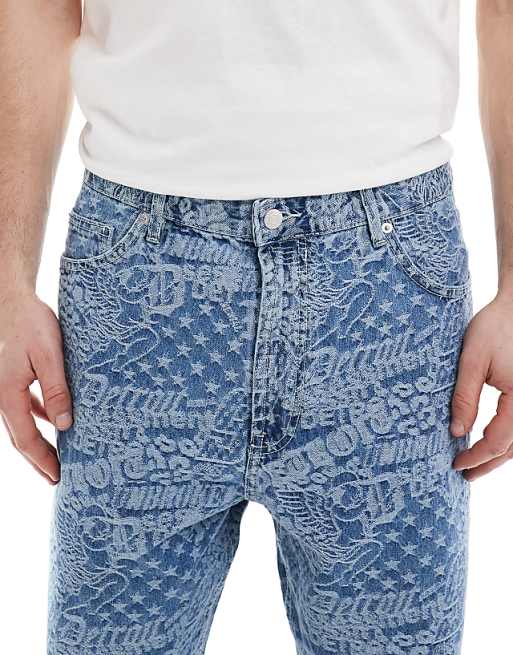 Bershka baggy jacquard jeans in blue | ASOS Bershka baggy jacquard jeans in blue | ASOS