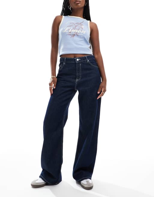 Bershka – Baggy-Jeans in authentischem Dunkelblau mit weitem Bein