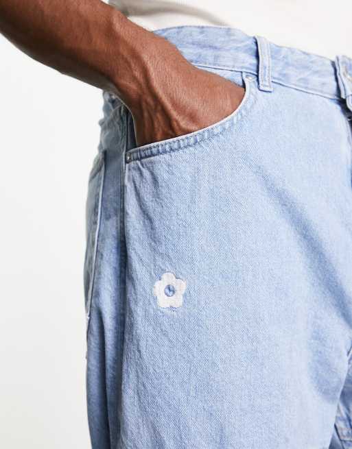 Bershka – Baggy-Jeans in Blau mit Blumenstickerei, 4 von 4