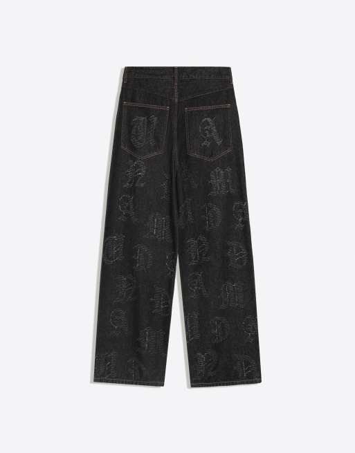 Bershka - Baggy jeans met jacquard in zwart, 6 van 6