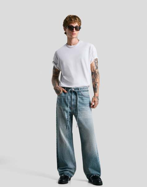 Bershka - Baggy jeans met riem in middenblauw - view 1