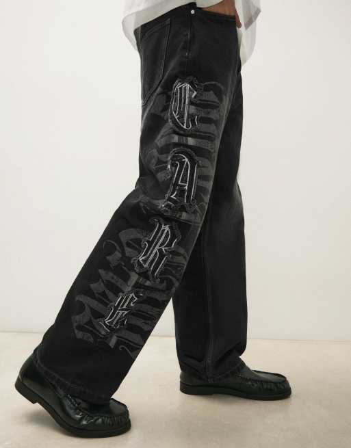 Bershka baggy jeans met sterapplicaties in zwart, 3 van 6