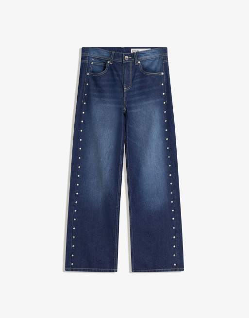 Bershka - Baggy jeans met sterren en studs in denimblauw, 3 van 4