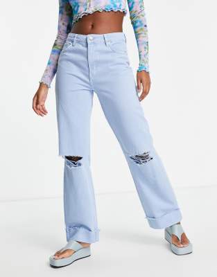 Bershka drawstring waist baggy jeans in mid blue