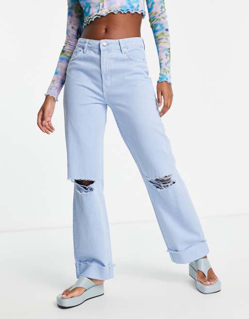 Bershka ripped wide leg jeans in light blue