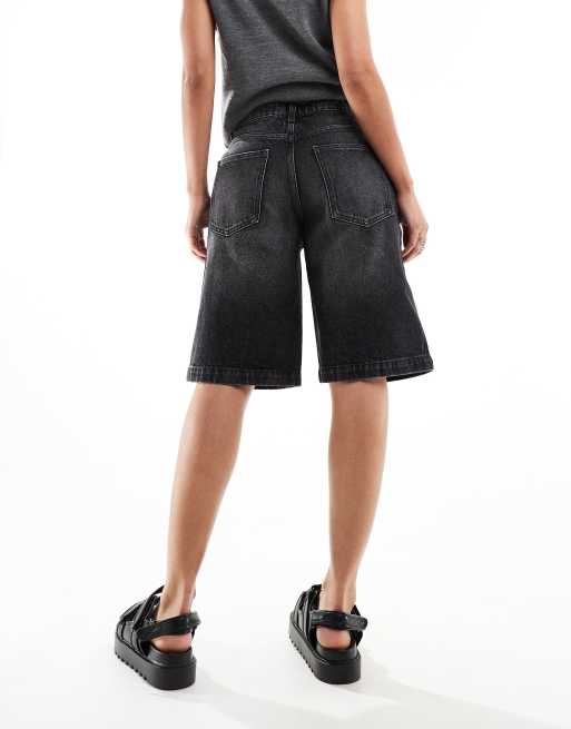 Longline Denim Shorts Black Longline Shorts Alia' Hi Rise Longline