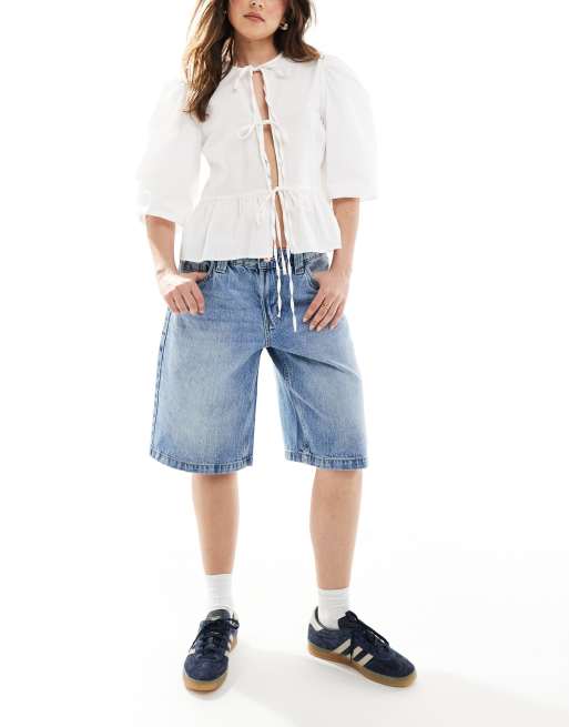 Bershka baggy longline denim shorts in washed blue