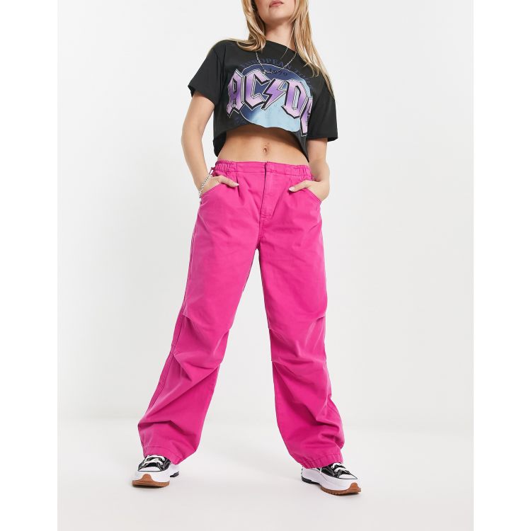 Bershka baggy parachute tech pant in pink