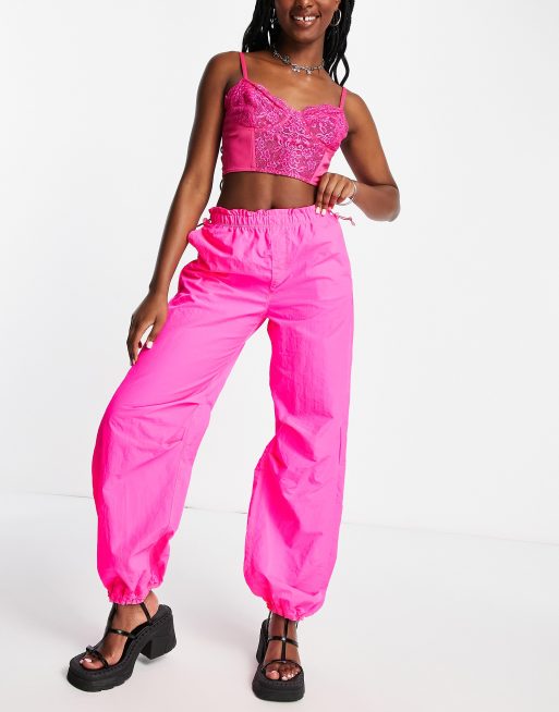 Women's Pink Cargo Parachute Pants Relaxed