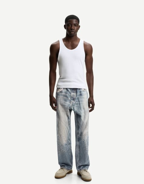 Bershka baggy printed jeans in mid blue - view 1