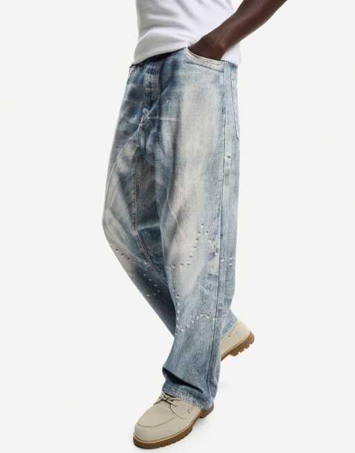 Bershka baggy printed jeans in mid blue ASOS