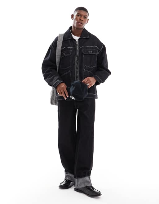 Bershka - Baggy timmermansjeans met omgeslagen zoom in zwart, deel van co-ord set