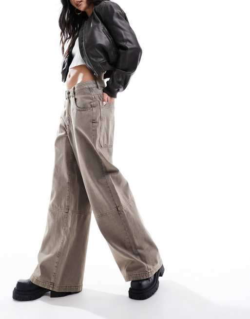 Bershka baggy wide leg carpenter pants in washed brown | ASOS