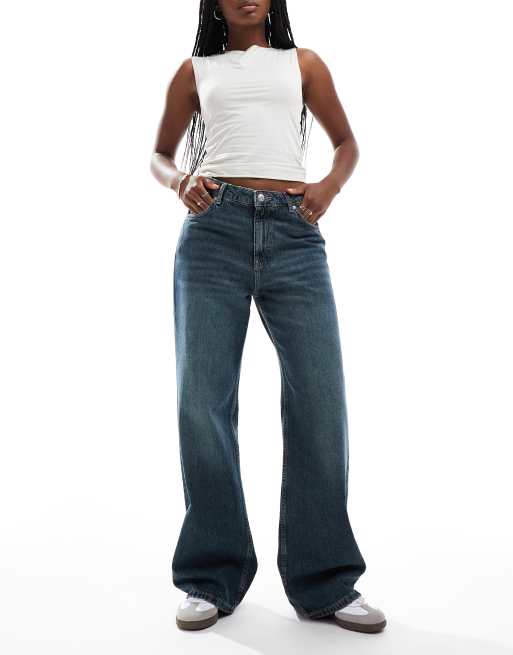 Bershka baggy wide leg jeans in dark wash blue