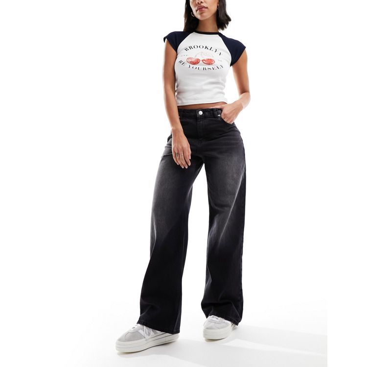 Bershka Jeans Womens Size 06 Black Flat Front Wide Leg Stretch Denim  Straight