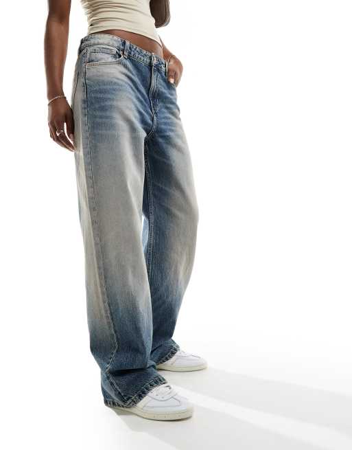 Bershka baggy wide leg jeans in dirty wash blue | ASOS