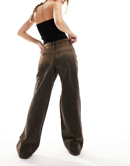 【BAON】Meldit Brown Washing Wide Denim Pants GYUJNB Barrel Jeans Women Mid Rise Barrel Leg Pants, Wide