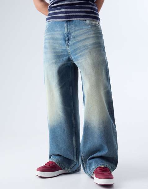 Bershka Baggy wide-leg jeans in mid blue - view 1