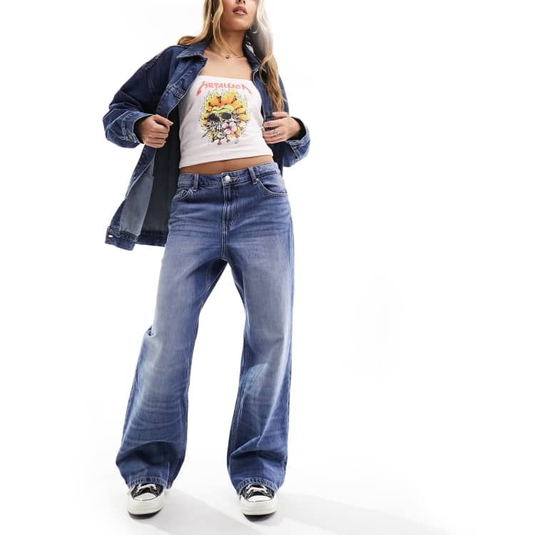 Bershka baggy wide leg jeans in vintage mid blue ASOS