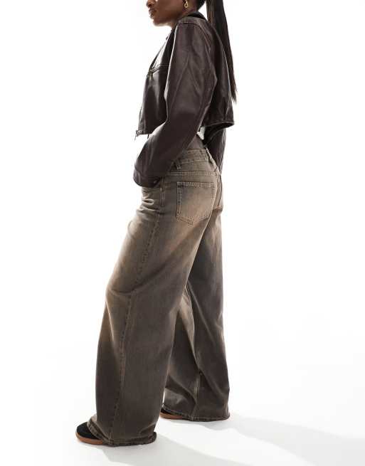 Bershka baggy wide leg jeans in washed brown 