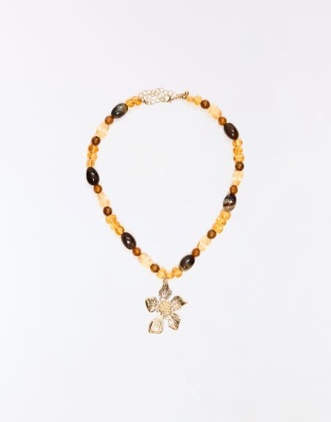 Bershka Ball necklace with flower pendant in brown - view 1