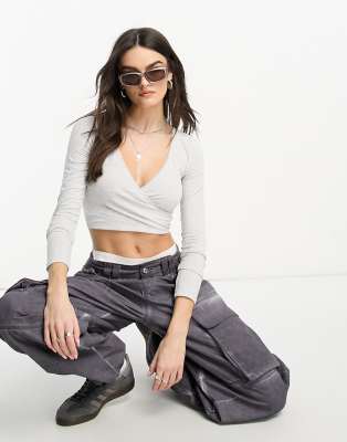 Bershka ballet wrap top in pale grey