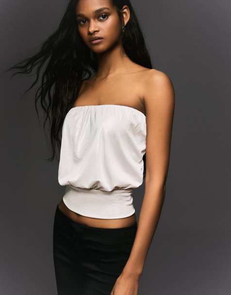 Bershka Balloon bandeau top in ecru - view 1