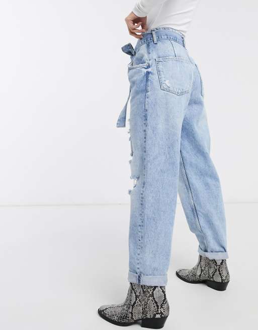 Bershka balloon fit distressed jeans in blue ASOS