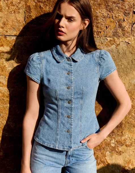 Bershka Balloon fit short-sleeve denim top in mid blue - view 1