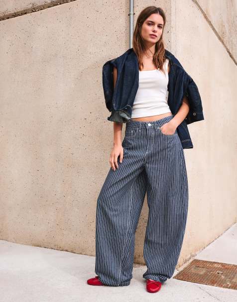 Bershka Balloon stripe trousers in blue