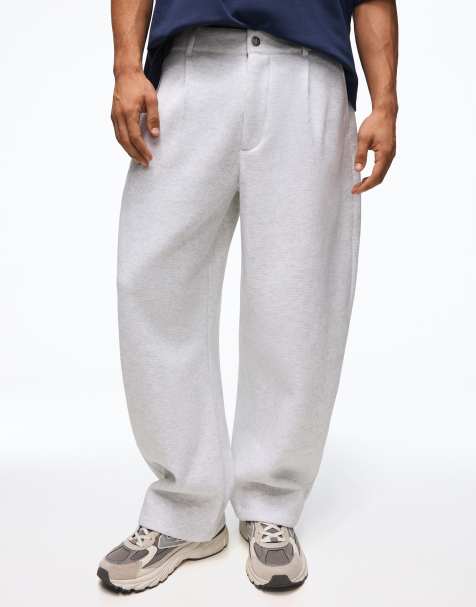 Bershka Balloon tailored waffle trousers with 3d embroidery in light grey - view 1