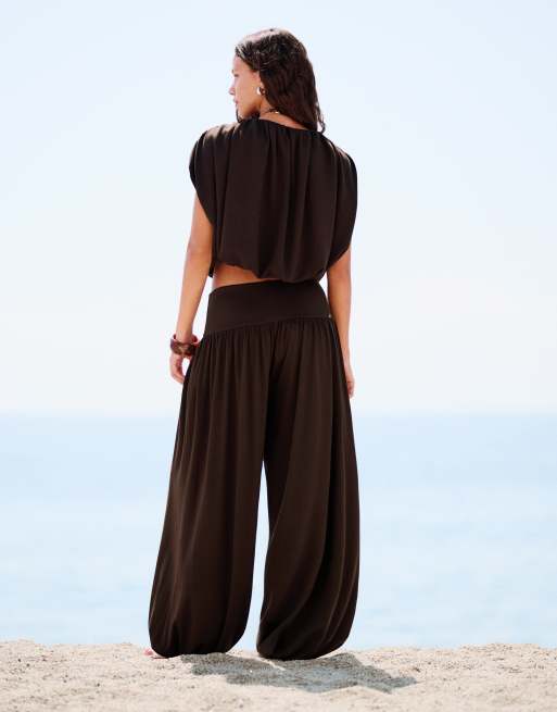 Bershka Balloon trousers with cummerbund in brown, 2 of 4