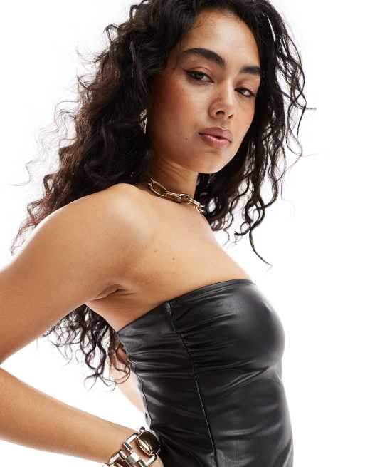 Bershka bandeau bodycon faux leather midaxi dress in black | ASOS